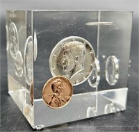 Acrylic Cube Paperweight w 1964 Encased Coins