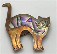 Sterling Silver Mexico Mother Of Pearl Cat Broach