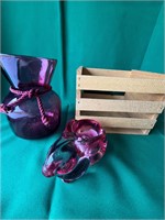 2 Cranberry Glass plus wood crate