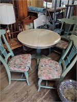 Pickled Green Floral Seat Table & 5 Chairs Set