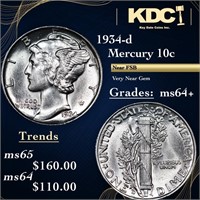 1934-d Mercury Dime 10c Grades Choice+ Unc