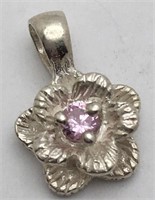 Sterling Silver Flower Pendant With Pink Stone