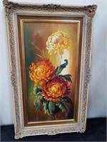 Framed Floral painted picture signed 30 x 18 in