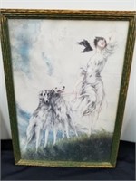 Vintage Picture of a lady walking dogs 22 x15.5''