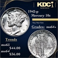 1942-p Mercury Dime 10c Grades Choice+ Unc