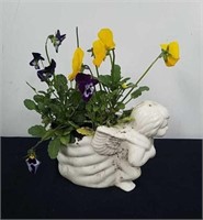 6.5 x 5 in angel or cherub planter with pansies