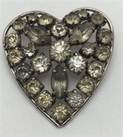 Sterling Silver Clear Stone Heart Broach