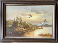 Vintage Duck Themed Oil Painting with Wooden