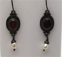 Sterling Silver Earrings W Pearl & Red Stone