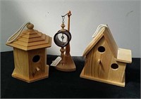 Two small crafting birdhouses and a exotic wood