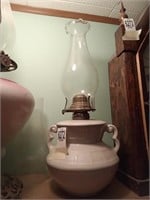 Pottery base oil lamp & extra shade, 15"