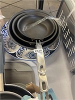 Lot of Kirkland Signature Pans and Blue Patterned