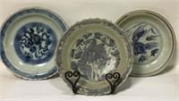 Group Of 3 Stoneware Blue Decorated Plates