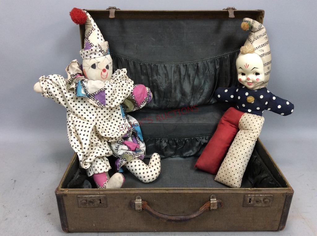 Vintage Suitcase with Two Clown Dolls