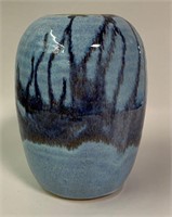 Signed Art Pottery Vase With Blue Design
