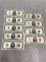 Nine Silver Certificate 5 Dollar Bills