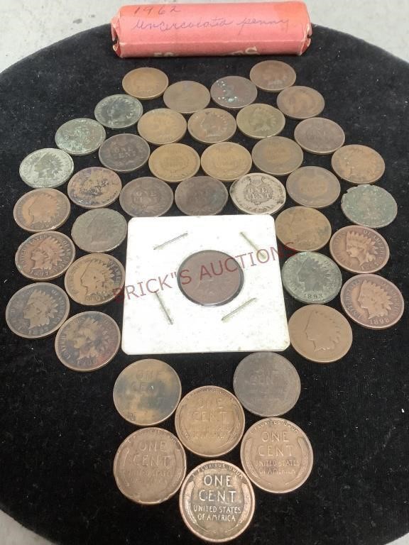 35 Indian Heads, 6 Wheat Pennies, & Roll of 1962