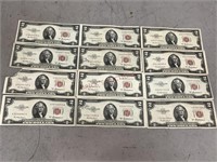 1953 A Red Seal 2 Dollar Bills