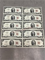 Ten 1963 2 Dollar Bills