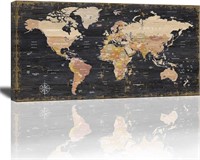 World Map Wall Art Black Wood Grain Retro Map Of