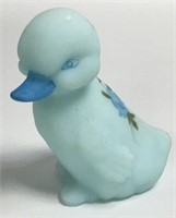 Fenton Blue Satin Glass Hand Painted Duck