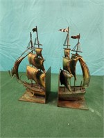 Two copper metal art sailboat bookends