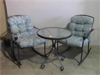 NEWER SMALL PATIO SET, 2 ROCKER CHAIRS, TABLE 26"
