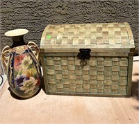 Wood Storage Trunk + Hand Painted Vase AS IS