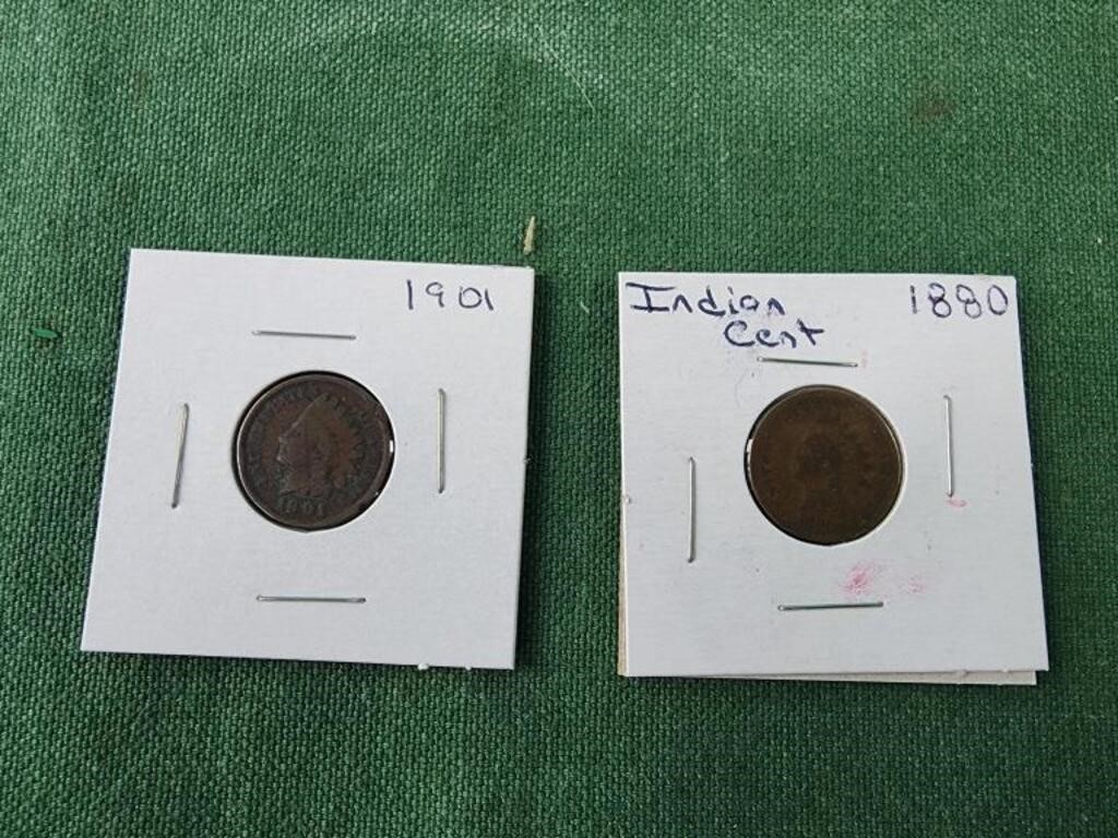 Indian head 1 cent penny, 1880 and 1901, coins