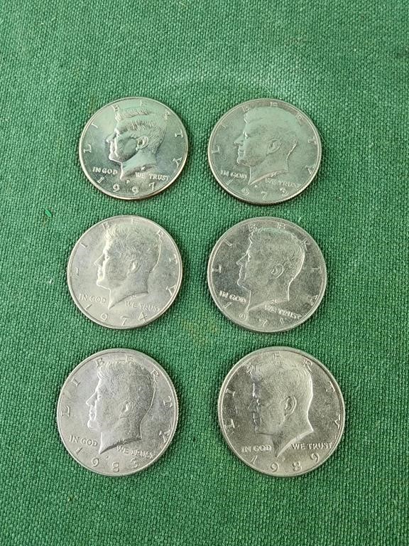 Six Kennedy half dollars,  1983, 1989 1974, 1971,
