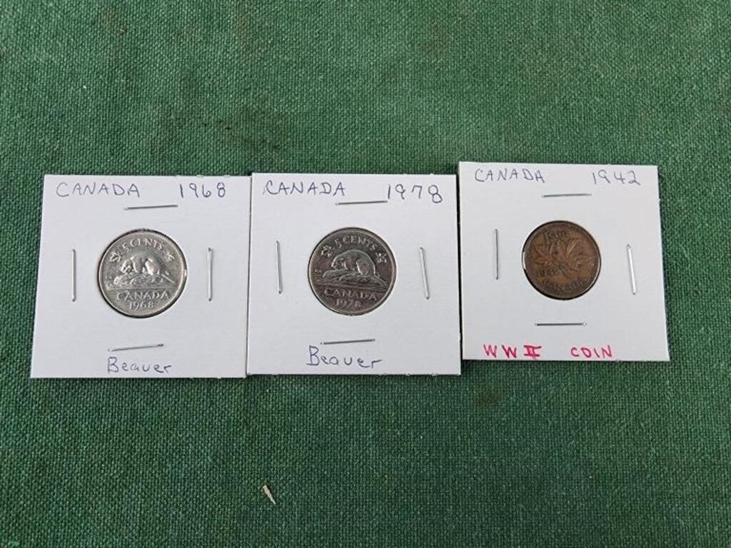 Canadian coins, beaver 1968 and 1978 nickel. 1942