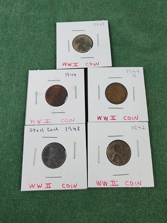 1942-1945 pennies, steel cent, ww2 coins, wheat