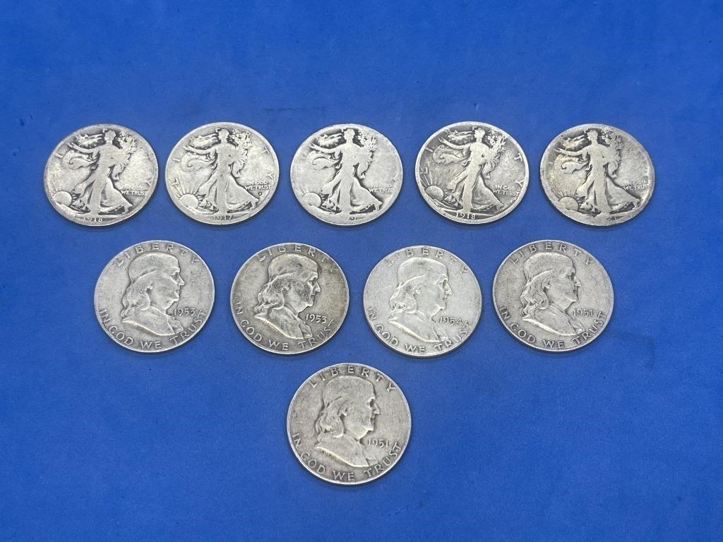 Lot of Misc Silver Half Dollars (10)