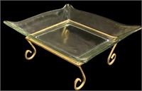 Square Glass Dish W/Gold Metal Stand