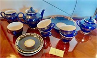 RUSSIAN BLUE TEA SET, BLUE WITH GOLD ETCHING