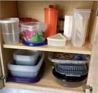 Contents of kitchen cabinet with plasticware