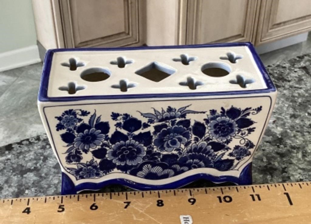 Blue and white Delft pottery flower brick