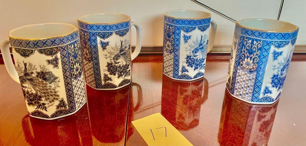 Pottery house mugs 4 PEACOCK SEIZAN COFFEE CUPS