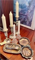 CANDLE STICKS, SILVER PLATE ITEMS, ETC.