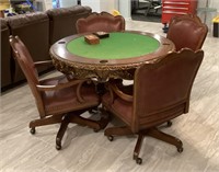 Ornate poker table and 4 chairs on casters