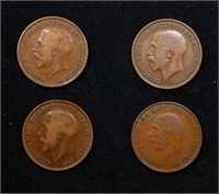 Group of 4 Coins, Great Britain Pennies, 1913, 191