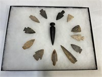 LOT OF 13 NATIVE AMERICAN ARTIFACTS -DISPLAY CASE