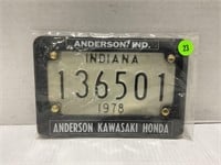 1978 INDIANA MOTORCYCLE LICENSE PLATE W/ANDERSON