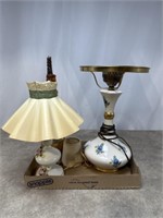 Small floral desk lamp, glass candleholder, and