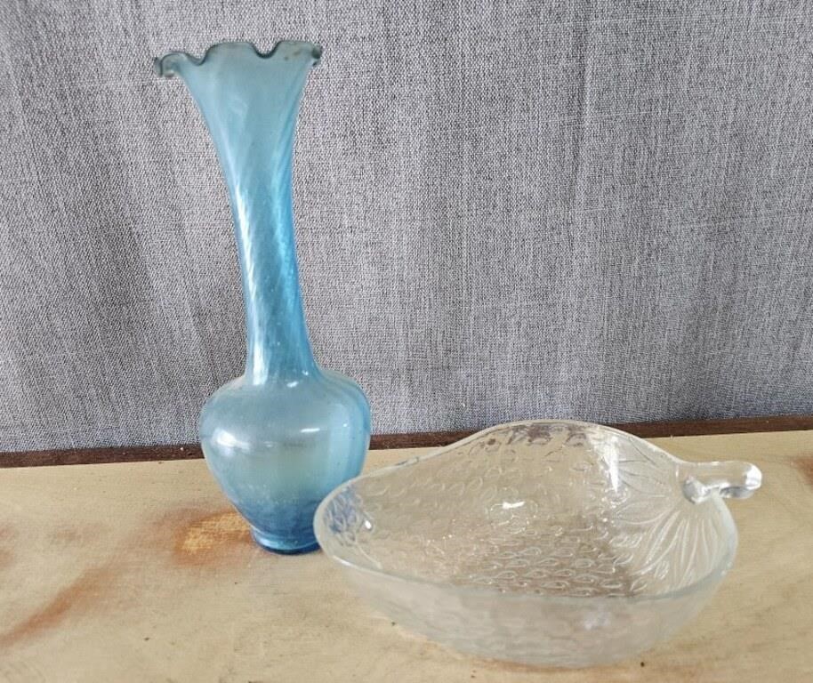 Blue Art Glass Bud Vase Mid Century & Strawberry