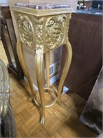 GOLD WOOD PEDESTAL  W/ MARBLE  TOP