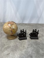 Cast iron ship book ends and small globe