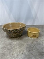 Pottery large mixing bowl and dog bowl