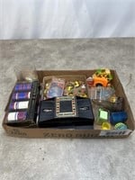 Poker chips, card shuffler, small toys and games