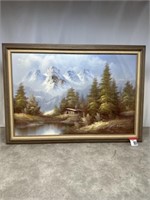 K Boxy framed canvas artwork of cabin with forest